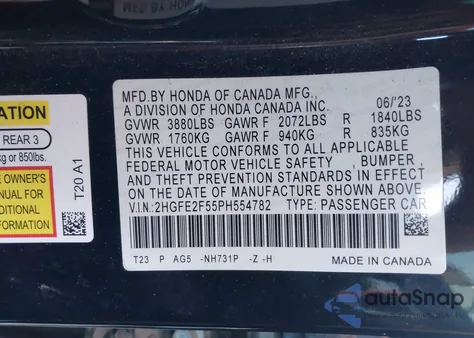 2023 Honda Civic Sport z USA, uszkodzony, nr VIN 2HGFE2F55PH554782